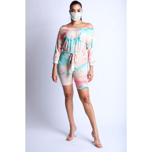 Women's Casual Tie dye Mask & Off The Shoulder 3/4 Sleeve Romper Set S,M,L - Picture 1 of 10